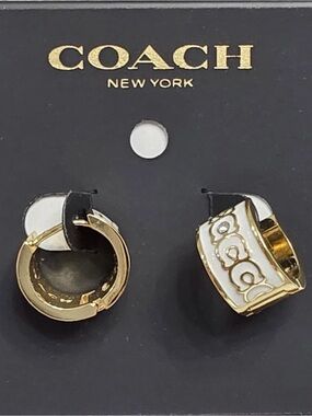Coach Gold and White Enamel Huggie Earrings